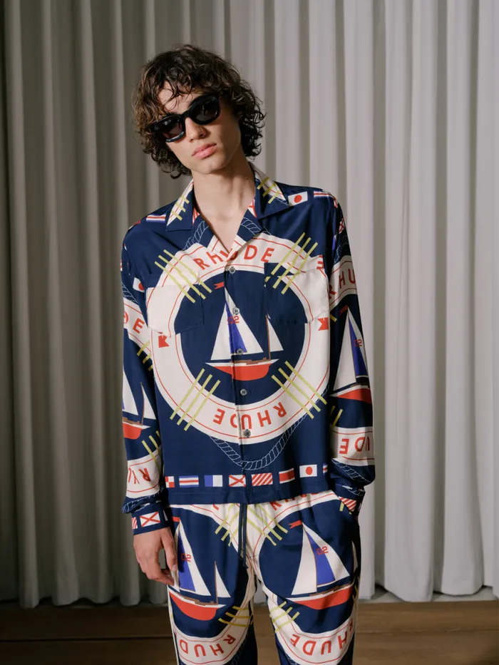 Men Rhude Shirts FLAG SAIL LS SILK SHIRT Blue Multi
