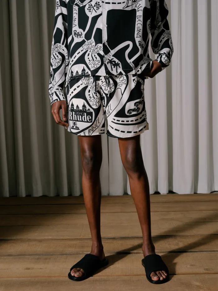 Men Rhude Shorts STRADA SILK SHORT Blackwhite Men Rhude Shorts STRADA SILK SHORT Blackwhite