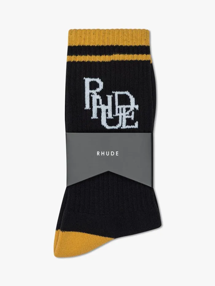 Men Rhude Socks SCRAMBLE LOGO SOCK Blackyellowcream Men Rhude Socks SCRAMBLE LOGO SOCK Blackyellowcream