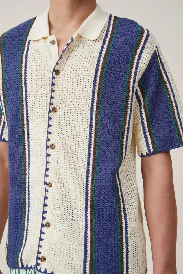 Men Shirts and Polos Cotton On Pablo Short Sleeve Shirt Off White Vert Stripe