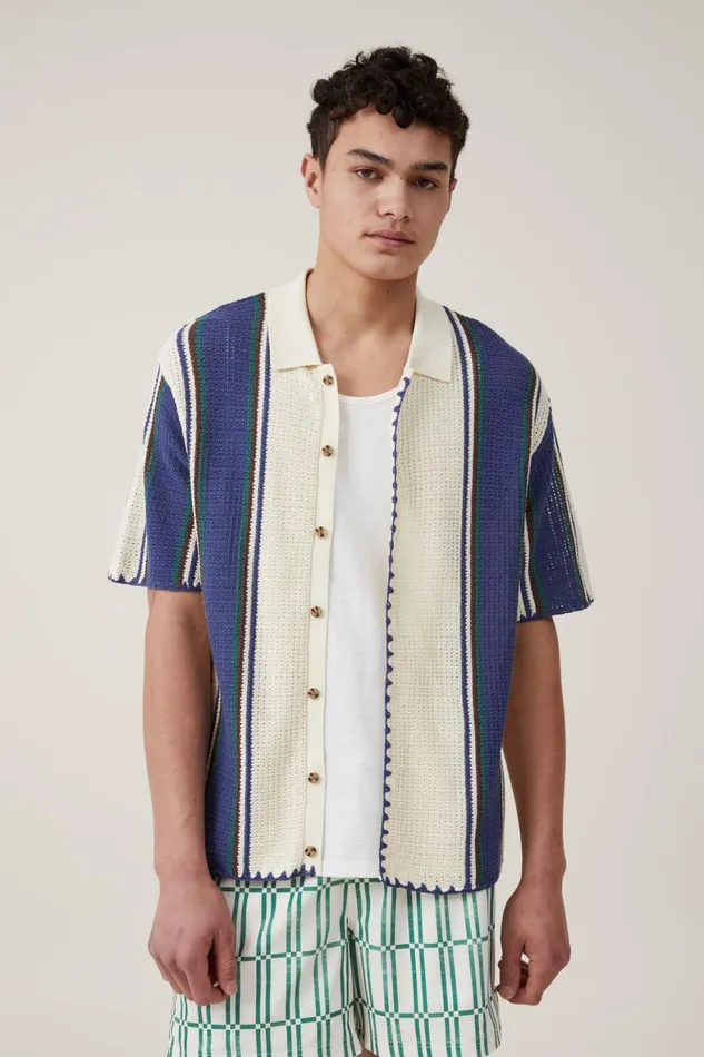 Men Shirts and Polos Cotton On Pablo Short Sleeve Shirt Off White Vert Stripe