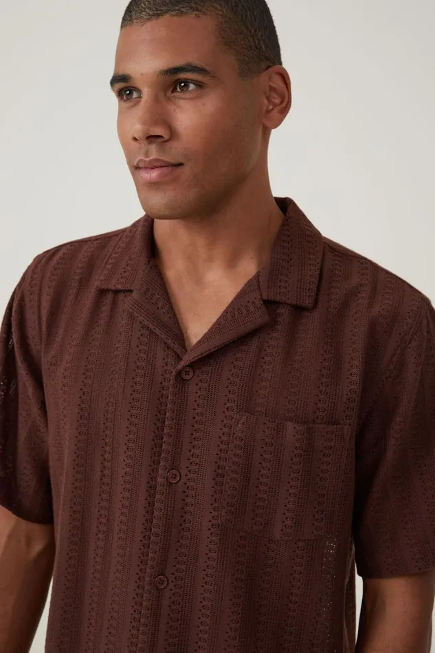 Men Shirts and Polos Cotton On Palma Short Sleeve Shirt Brown Pattern