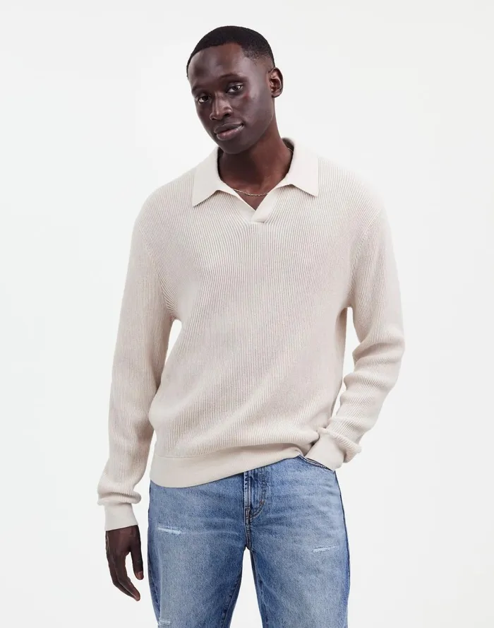 Men Shirts Madewell JohnnyCollar Sweater Polo Shirt In Merino Wool Hthr Alabaster