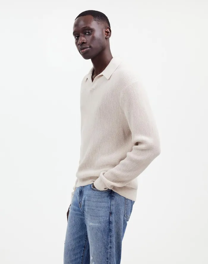 Men Shirts Madewell JohnnyCollar Sweater Polo Shirt In Merino Wool Hthr Alabaster