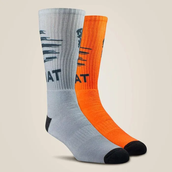 Men Socks Ariat Patriot Graphic Crew Work Sock 2 Pair Multi Color Pack Greyandorange