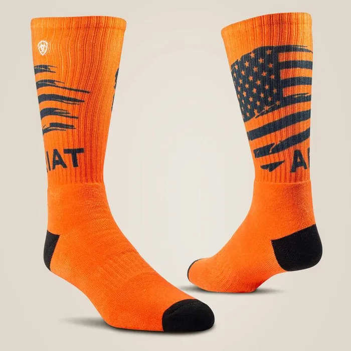 Men Socks Ariat Patriot Graphic Crew Work Sock 2 Pair Multi Color Pack Greyandorange