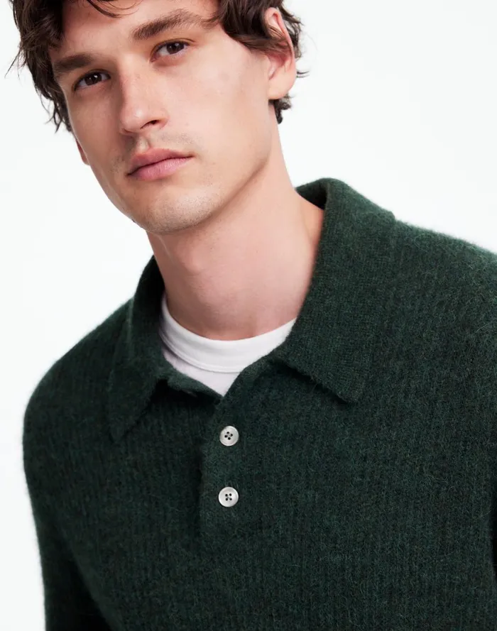 Men Sweaters Madewell AlpacaBlend Sweater Polo Shirt Heather Black Pine