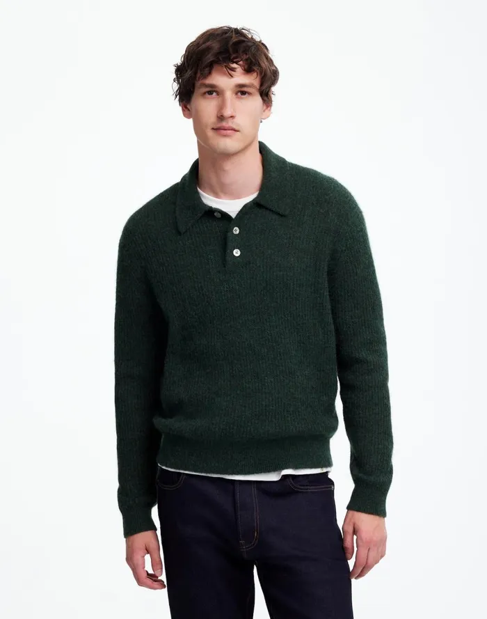Men Sweaters Madewell AlpacaBlend Sweater Polo Shirt Heather Black Pine