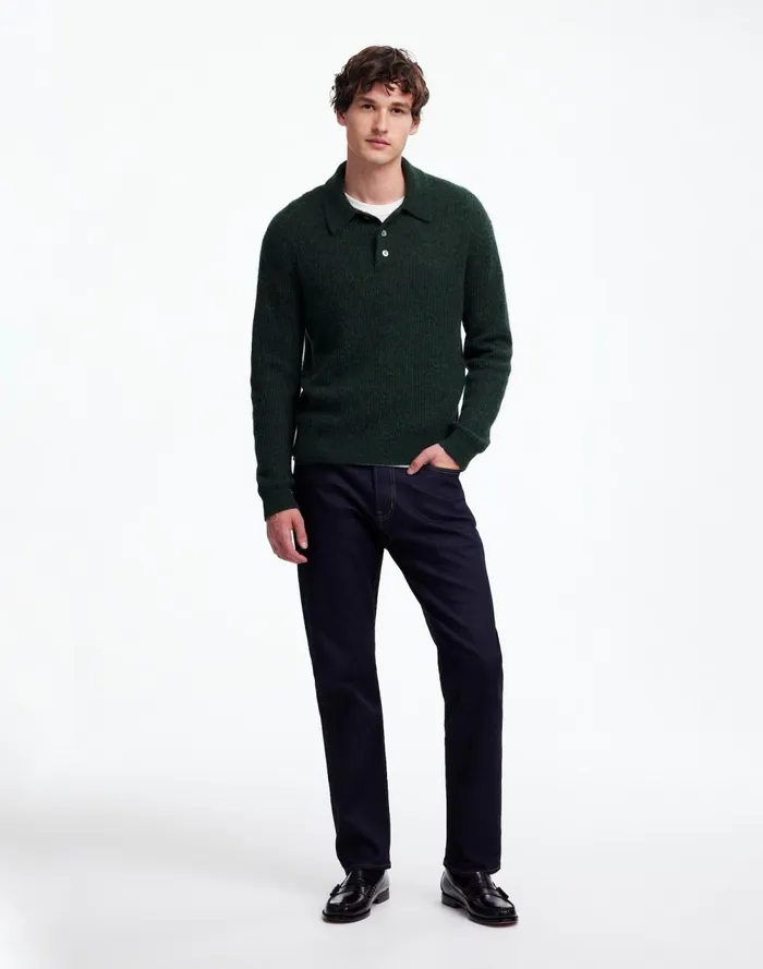 Men Sweaters Madewell AlpacaBlend Sweater Polo Shirt Heather Black Pine