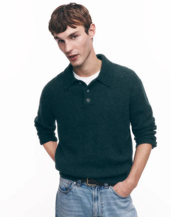 Men Sweaters Madewell AlpacaBlend Sweater Polo Shirt Heather Black Pine