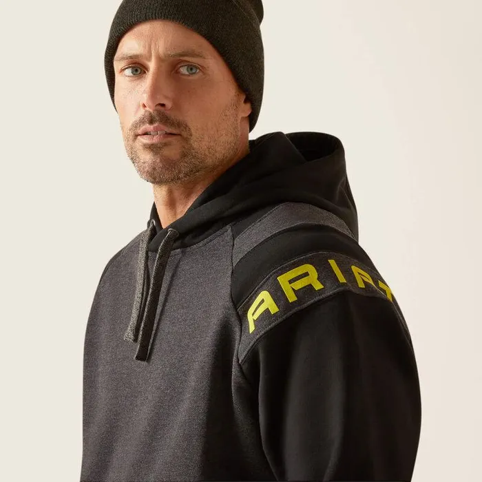 Men Sweatshirts and Hoodies Ariat Rebar Workman Colorblock Logo Hoodie Blackcharcoal Heather