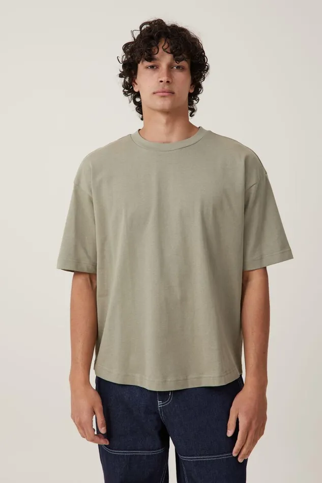 Men Tees and Tanks Cotton On Box Fit Scooped Hem TShirt Moss Stone