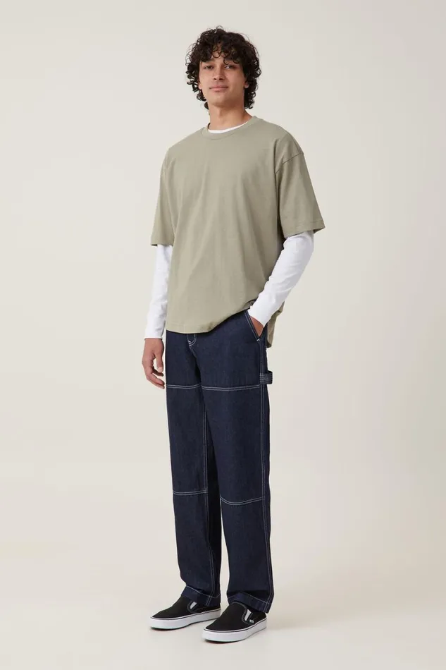 Men Tees and Tanks Cotton On Box Fit Scooped Hem TShirt Moss Stone