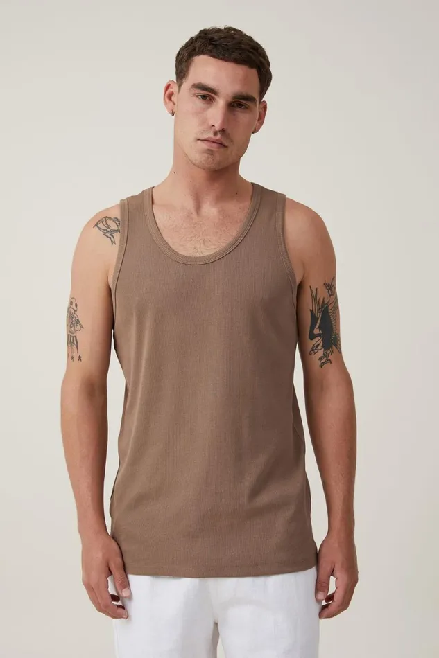 Men Tees and Tanks Cotton On Loose Fit Rib Tank Coffee