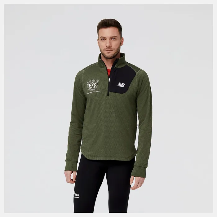 Men United Airlines NYC Half NB Heat Grid Half Zip Deep Olive Green Heather New Balance Hoodies and Sweatshirts