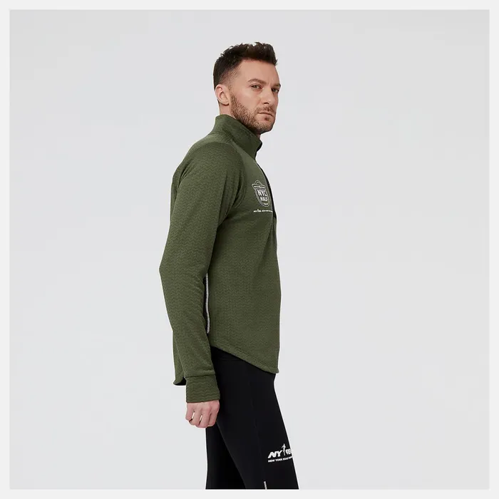 Men United Airlines NYC Half NB Heat Grid Half Zip Deep Olive Green Heather New Balance Hoodies and Sweatshirts