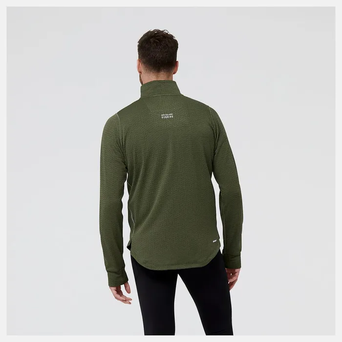 Men United Airlines NYC Half NB Heat Grid Half Zip Deep Olive Green Heather New Balance Hoodies and Sweatshirts