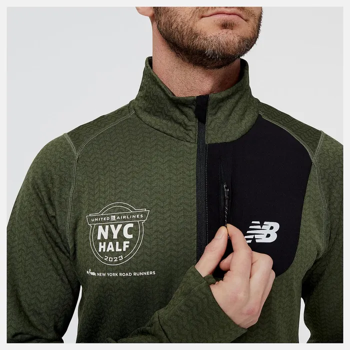 Men United Airlines NYC Half NB Heat Grid Half Zip Deep Olive Green Heather New Balance Hoodies and Sweatshirts