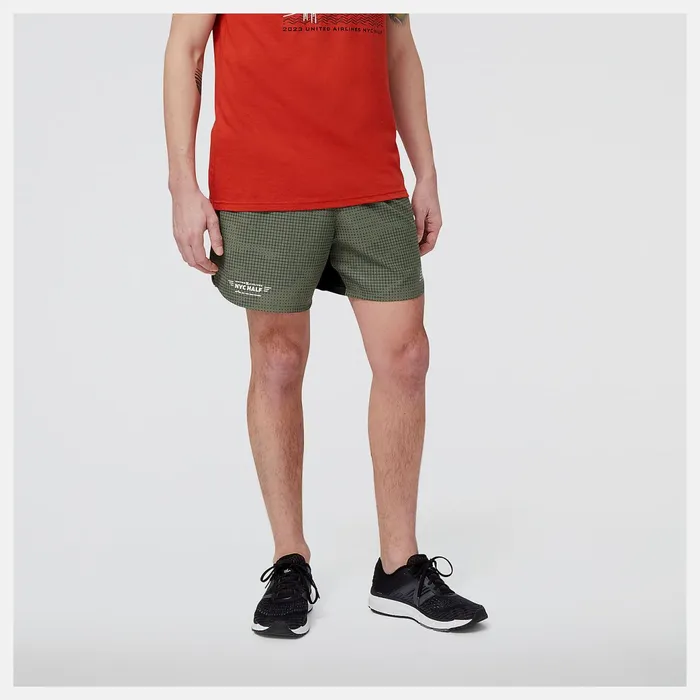 Men United Airlines NYC Half Printed Impact Run 5 Inch Short Deep Olive Green New Balance Shorts