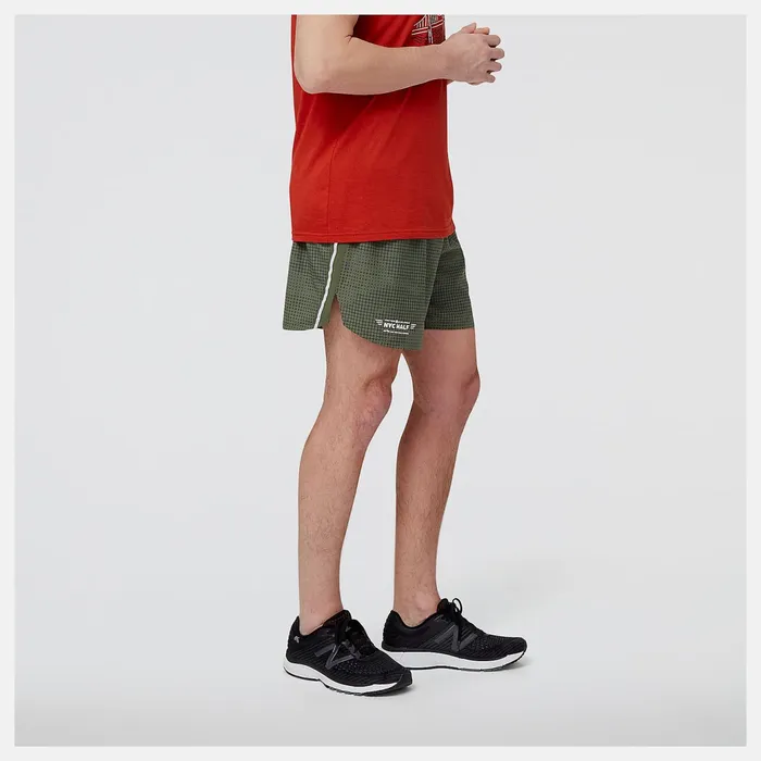 Men United Airlines NYC Half Printed Impact Run 5 Inch Short Deep Olive Green New Balance Shorts