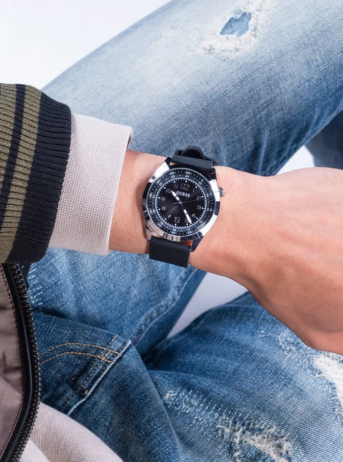 Men Watches GUESS Black Silver Max Silicone Watch
