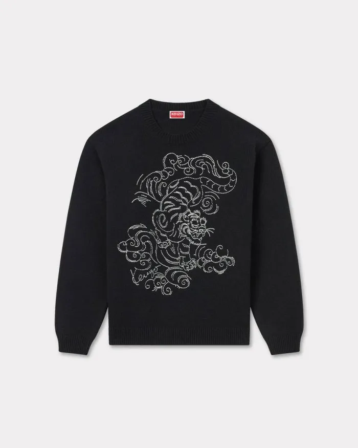 MenWomen 039KENZO Star Tiger039 Genderless Embroidered Jumper In Wool Black Kenzo Sweaters And Cardigans