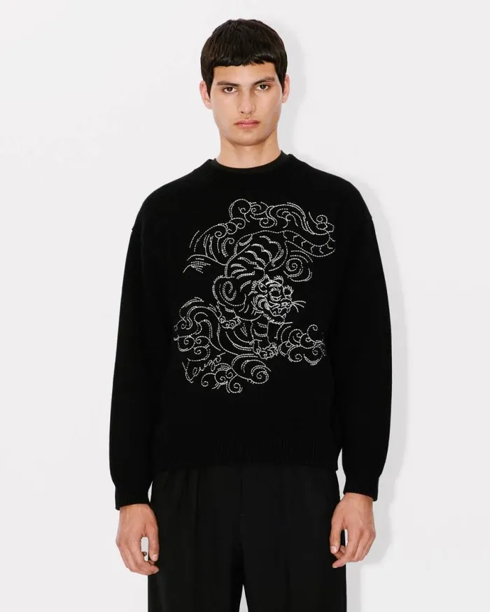 MenWomen 039KENZO Star Tiger039 Genderless Embroidered Jumper In Wool Black Kenzo Sweaters And Cardigans