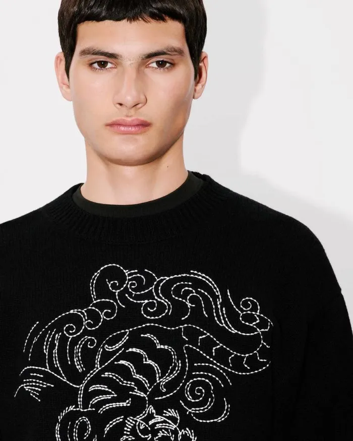 MenWomen 039KENZO Star Tiger039 Genderless Embroidered Jumper In Wool Black Kenzo Sweaters And Cardigans