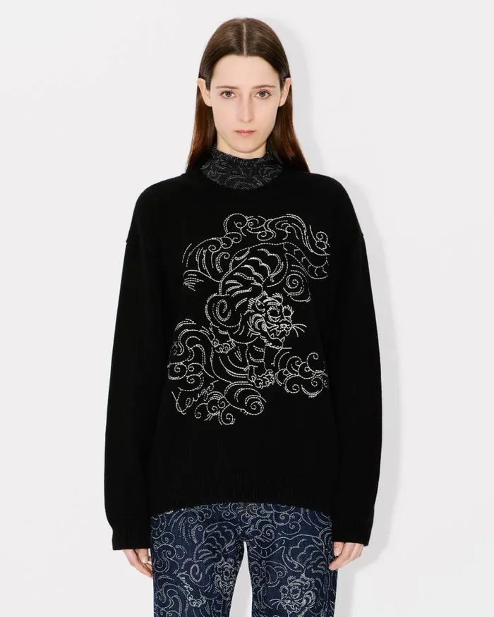 MenWomen 039KENZO Star Tiger039 Genderless Embroidered Jumper In Wool Black Kenzo Sweaters And Cardigans