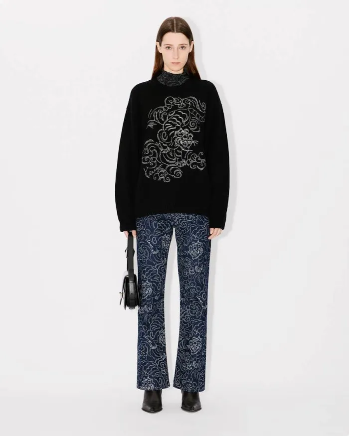 MenWomen 039KENZO Star Tiger039 Genderless Embroidered Jumper In Wool Black Kenzo Sweaters And Cardigans