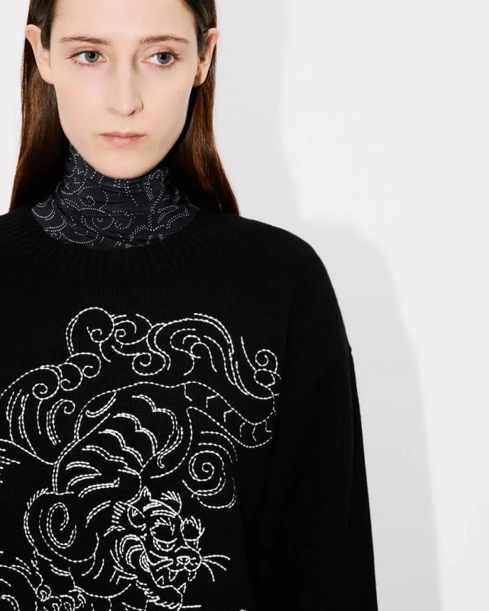 MenWomen 039KENZO Star Tiger039 Genderless Embroidered Jumper In Wool Black Kenzo Sweaters And Cardigans