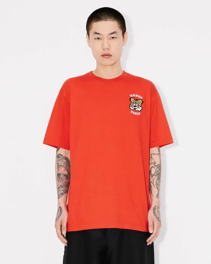 MenWomen 039KENZO VERDY MARKET039 Genderless Embroidered Tshirt In Cotton Deep Orange Kenzo Tshirts And Polos