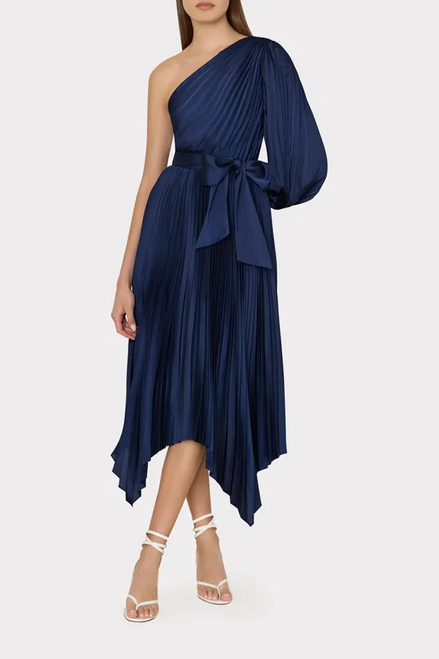 Milly Essi Satin Pleated One Shoulder Dress Navy Women Dresses Milly Essi Satin Pleated One Shoulder Dress Navy Women Dresses