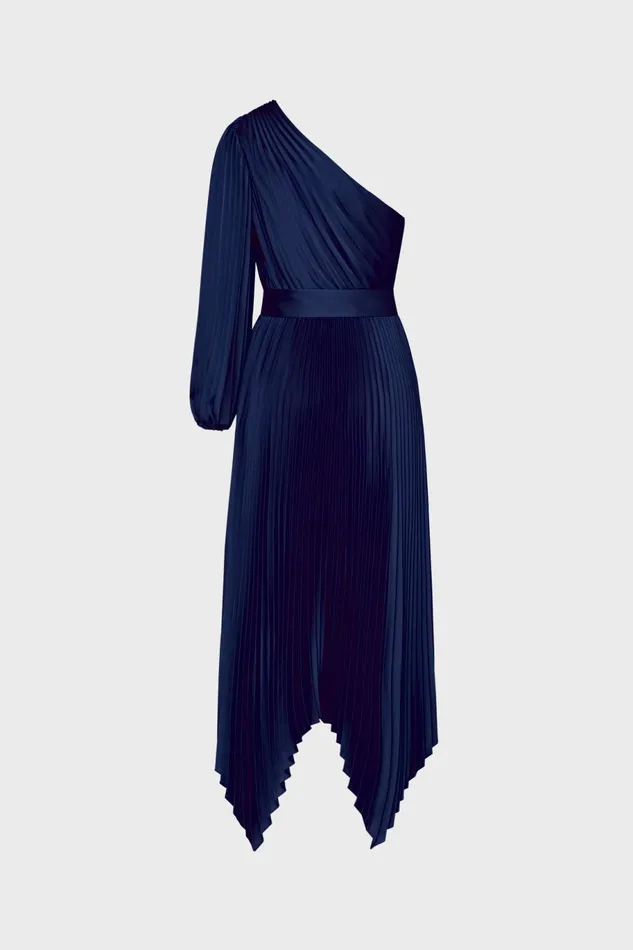 Milly Essi Satin Pleated One Shoulder Dress Navy Women Dresses Milly Essi Satin Pleated One Shoulder Dress Navy Women Dresses