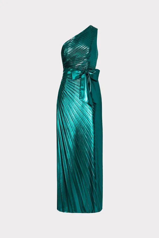 Milly Estelle Pleated Lam Dress Green Women Dresses