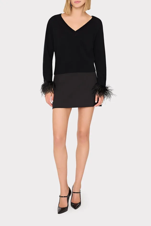 Milly Feather Cuff VNeck Sweater Black Women Sweaters and Knits Milly Feather Cuff VNeck Sweater Black Women Sweaters and Knits