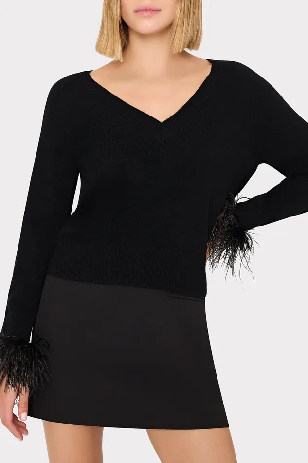Milly Feather Cuff VNeck Sweater Black Women Sweaters and Knits Milly Feather Cuff VNeck Sweater Black Women Sweaters and Knits