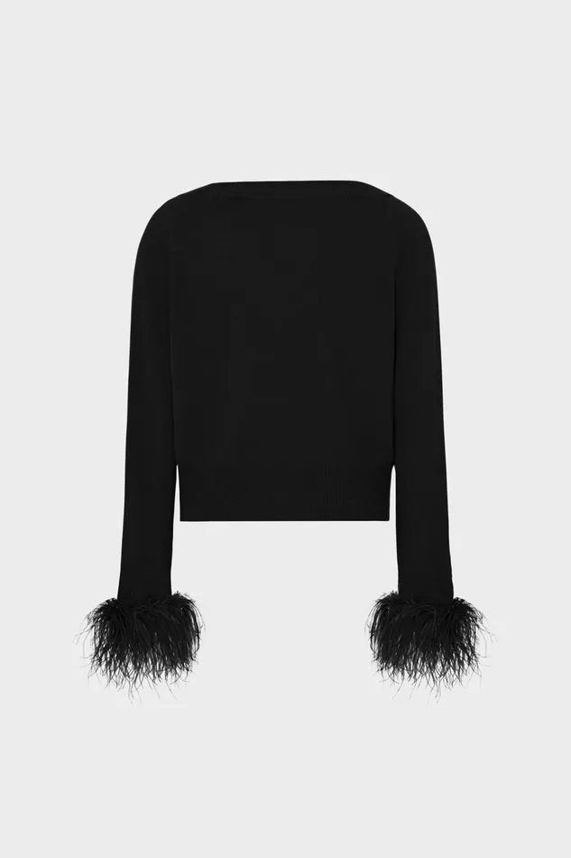 Milly Feather Cuff VNeck Sweater Black Women Sweaters and Knits Milly Feather Cuff VNeck Sweater Black Women Sweaters and Knits