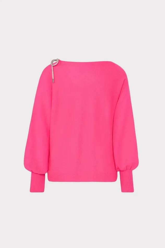 Milly Ida Crystal Bow Cold Shoulder Sweater Milly Pink Women Sweaters and Knits