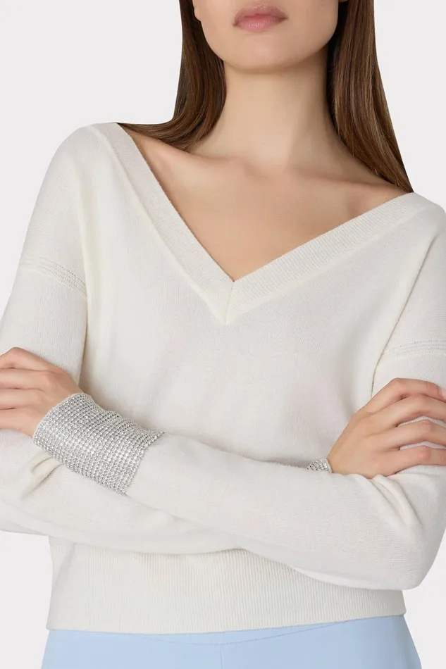 Milly Ilyse Crystal Cuff VNeck Sweater Ecru Women Tops Milly Ilyse Crystal Cuff VNeck Sweater Ecru Women Tops