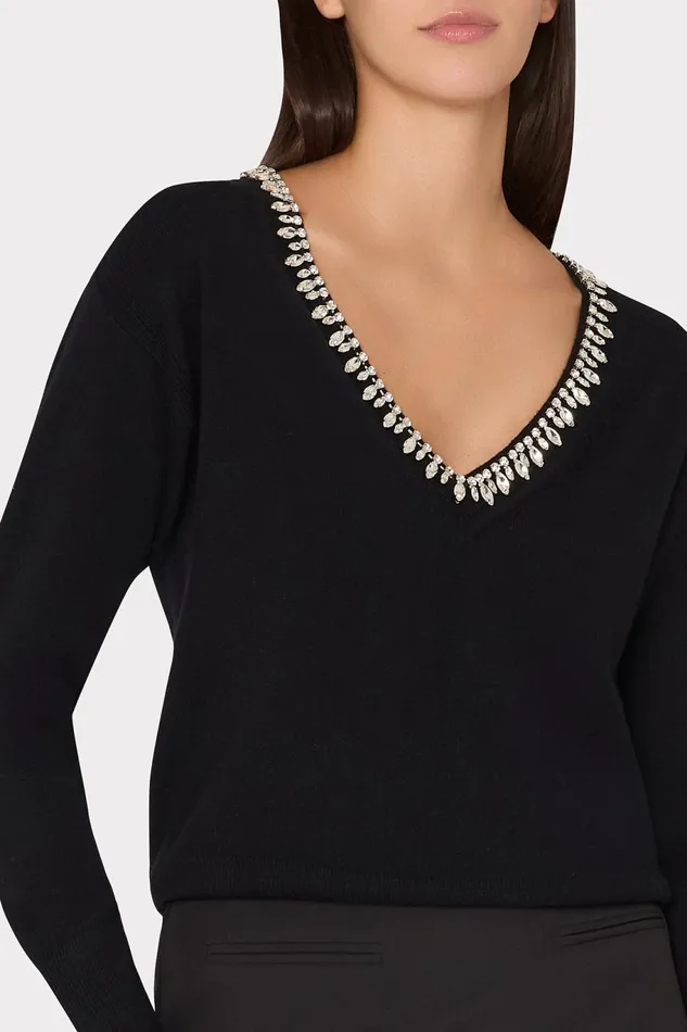 Milly Kalia Crystal VNeck Sweater Black Women Sweaters and Knits
