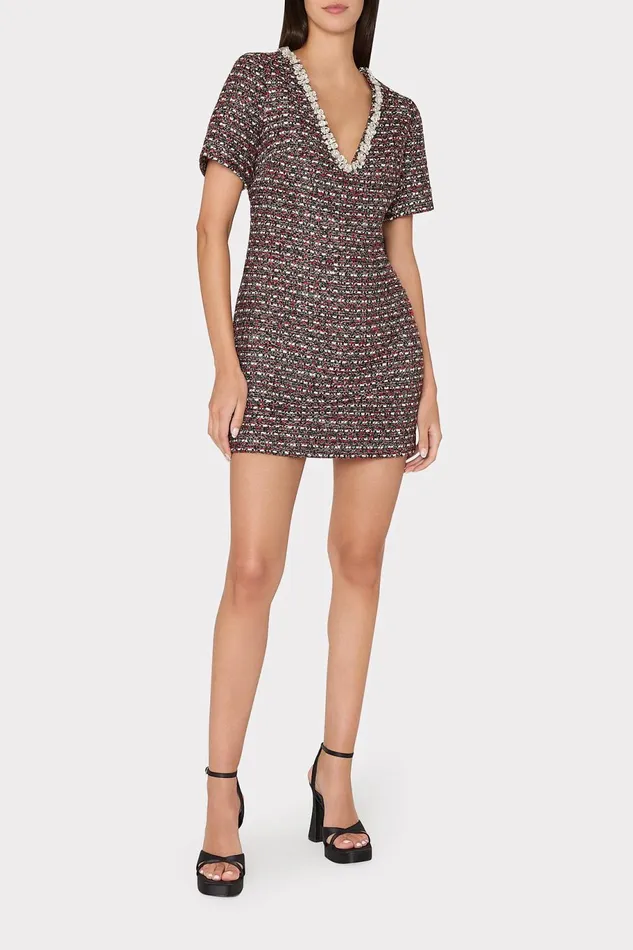 Milly Nyah Tweed Crystal Embellished Mini Dress Scarlet Multi Women Matching Sets