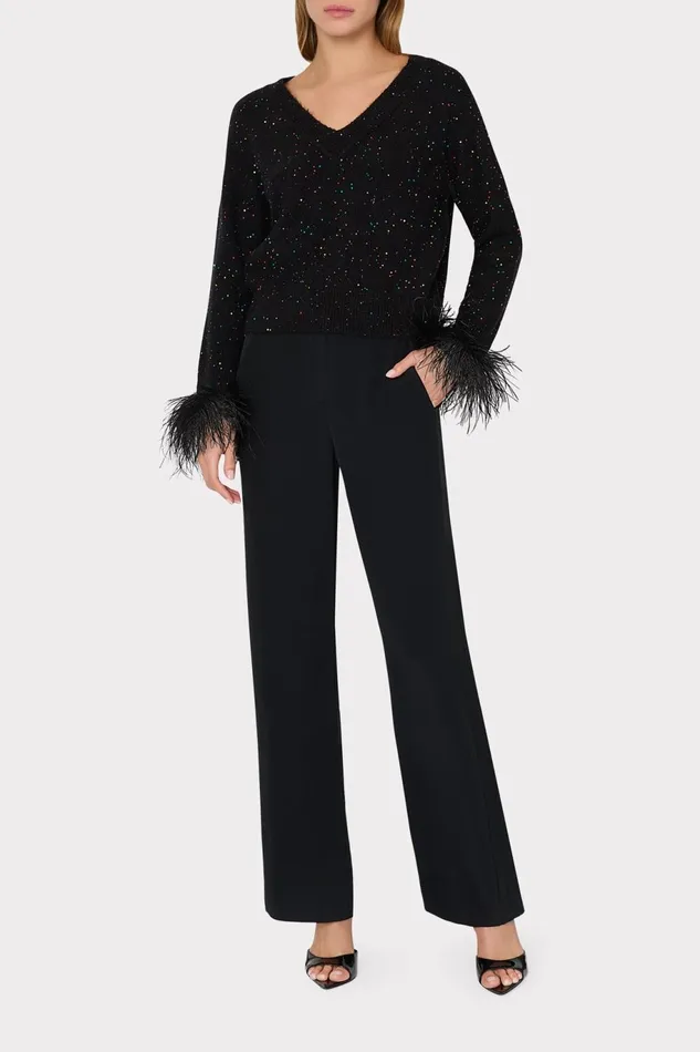 Milly Sequin Feather Cuff VNeck Sweater Black Multi Women Tops Milly Sequin Feather Cuff VNeck Sweater Black Multi Women Tops