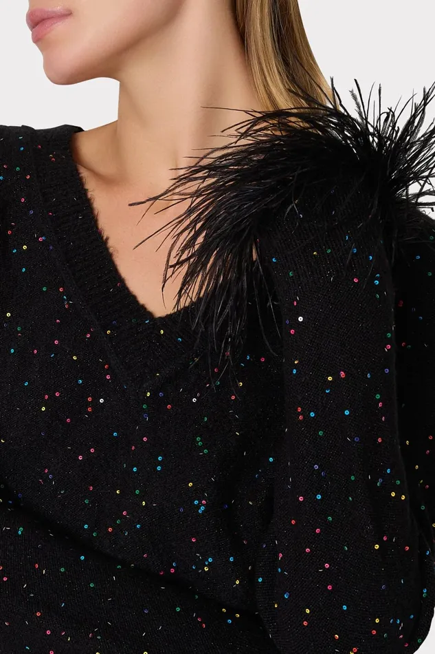 Milly Sequin Feather Cuff VNeck Sweater Black Multi Women Tops Milly Sequin Feather Cuff VNeck Sweater Black Multi Women Tops