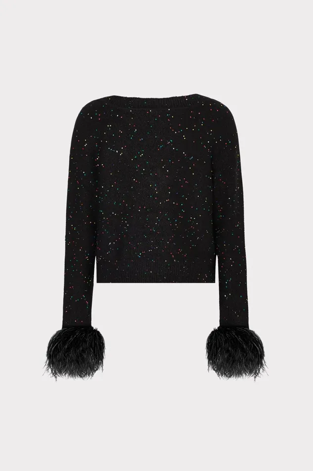 Milly Sequin Feather Cuff VNeck Sweater Black Multi Women Tops Milly Sequin Feather Cuff VNeck Sweater Black Multi Women Tops