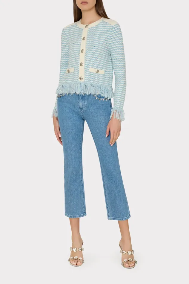 Milly Textured Fringe Cardigan Jacket Blue Multi Women Cardigans Milly Textured Fringe Cardigan Jacket Blue Multi Women Cardigans