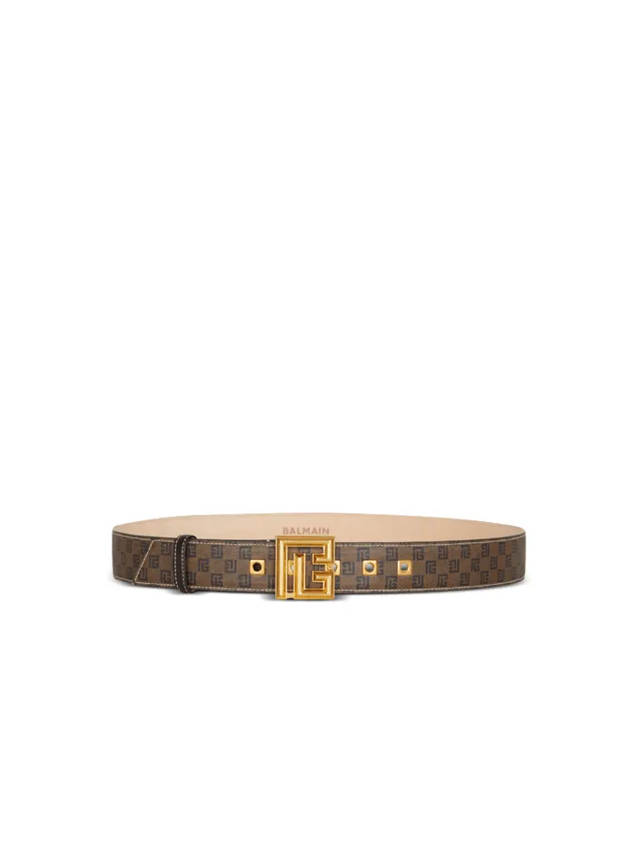 Mini Monogrammed Waxed Canvas Belt Brown Men Balmain Belts