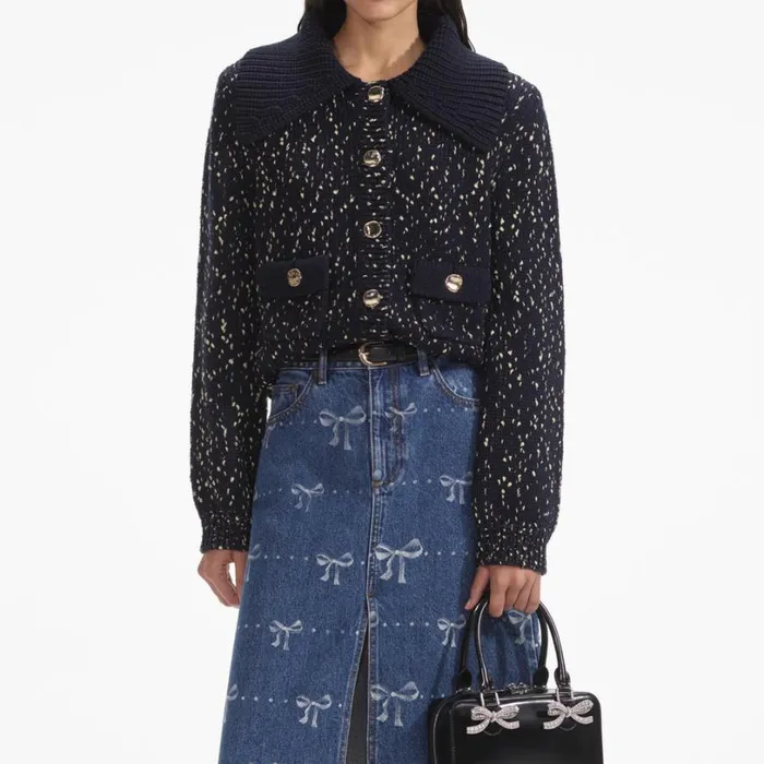 Navy Metallic Merino Cardigan Women Self Portrait Knitwear