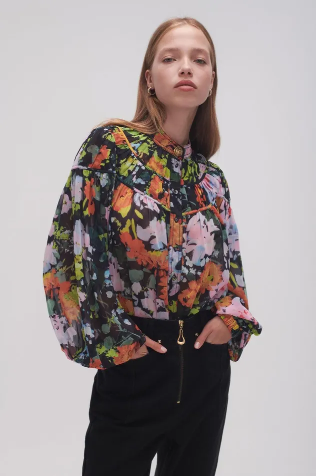 Nellie Ruched Swing Blouse Midnight Floral Women Aje Tops