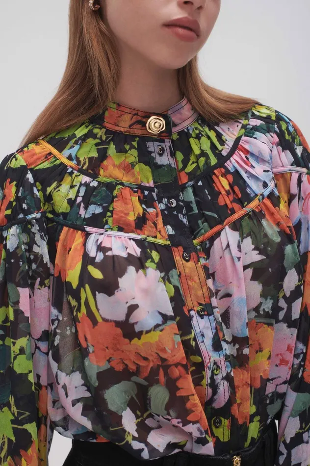 Nellie Ruched Swing Blouse Midnight Floral Women Aje Tops